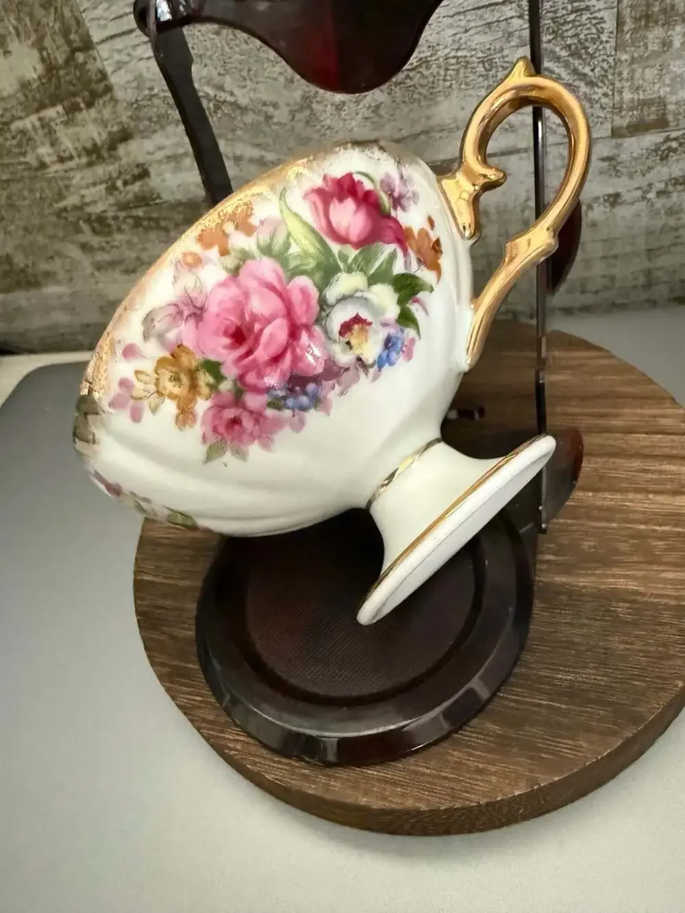 VTG Hand-Painted Footed Teacup and Saucer Set with Roses and Lusterware Finish
